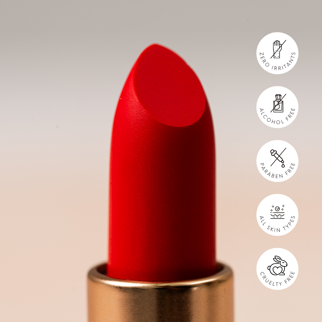 Jasmine’s Kiss – Fiery Coral Red Satin Matte Lipstick