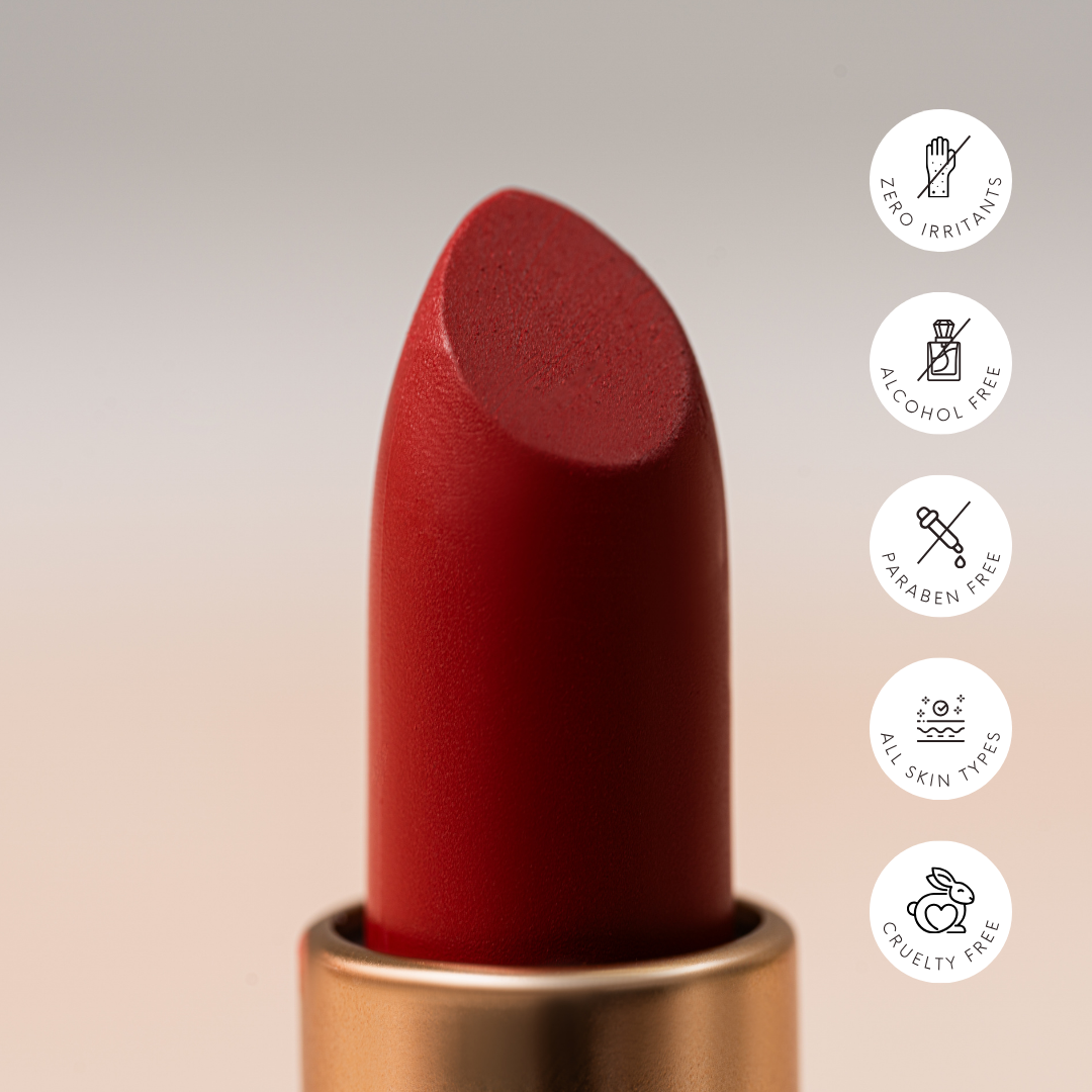 Royal Bloom – Scarlet Pink Satin Matte Lipstick for All Skin Tones
