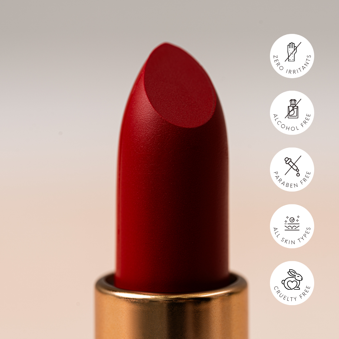 Sheikha’s Whisper – Dark Pink to Red Satin Matte Lipstick